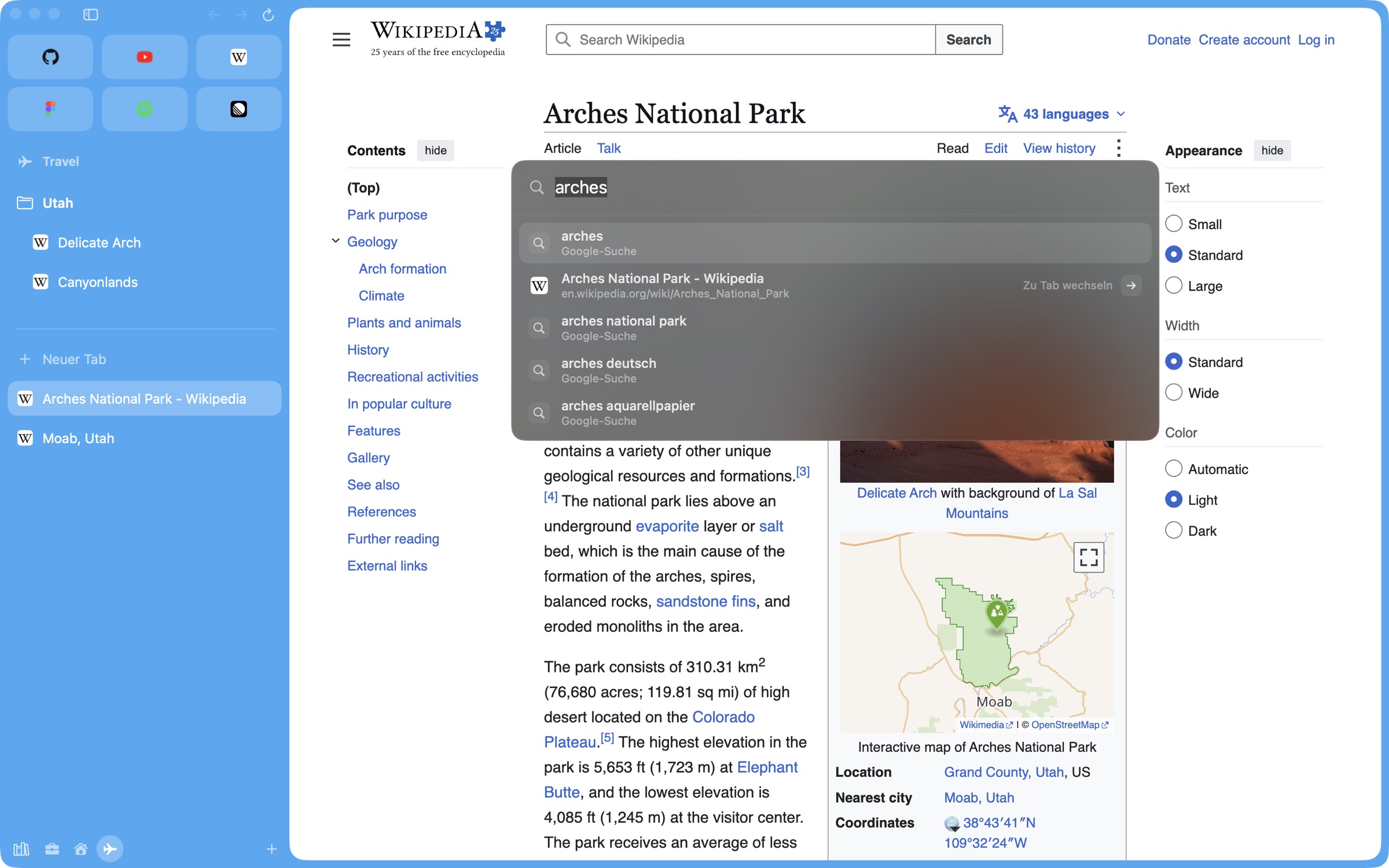 The command bar in the blue Travel space, searching for “arches”: a matching open tab and search suggestions