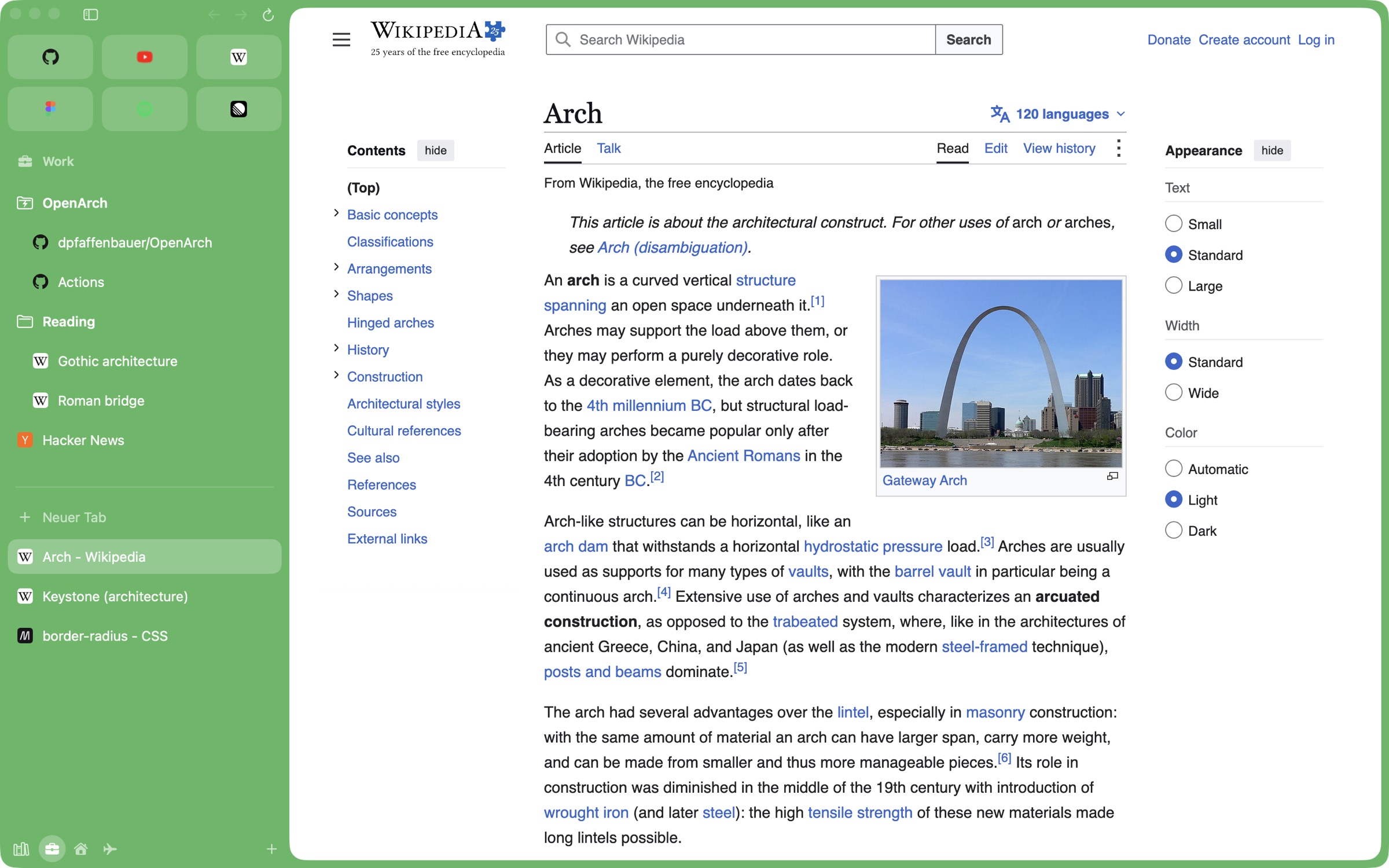 OpenArch with a green sidebar: favorite sites, pinned folders, open tabs, and a Wikipedia article about arches
