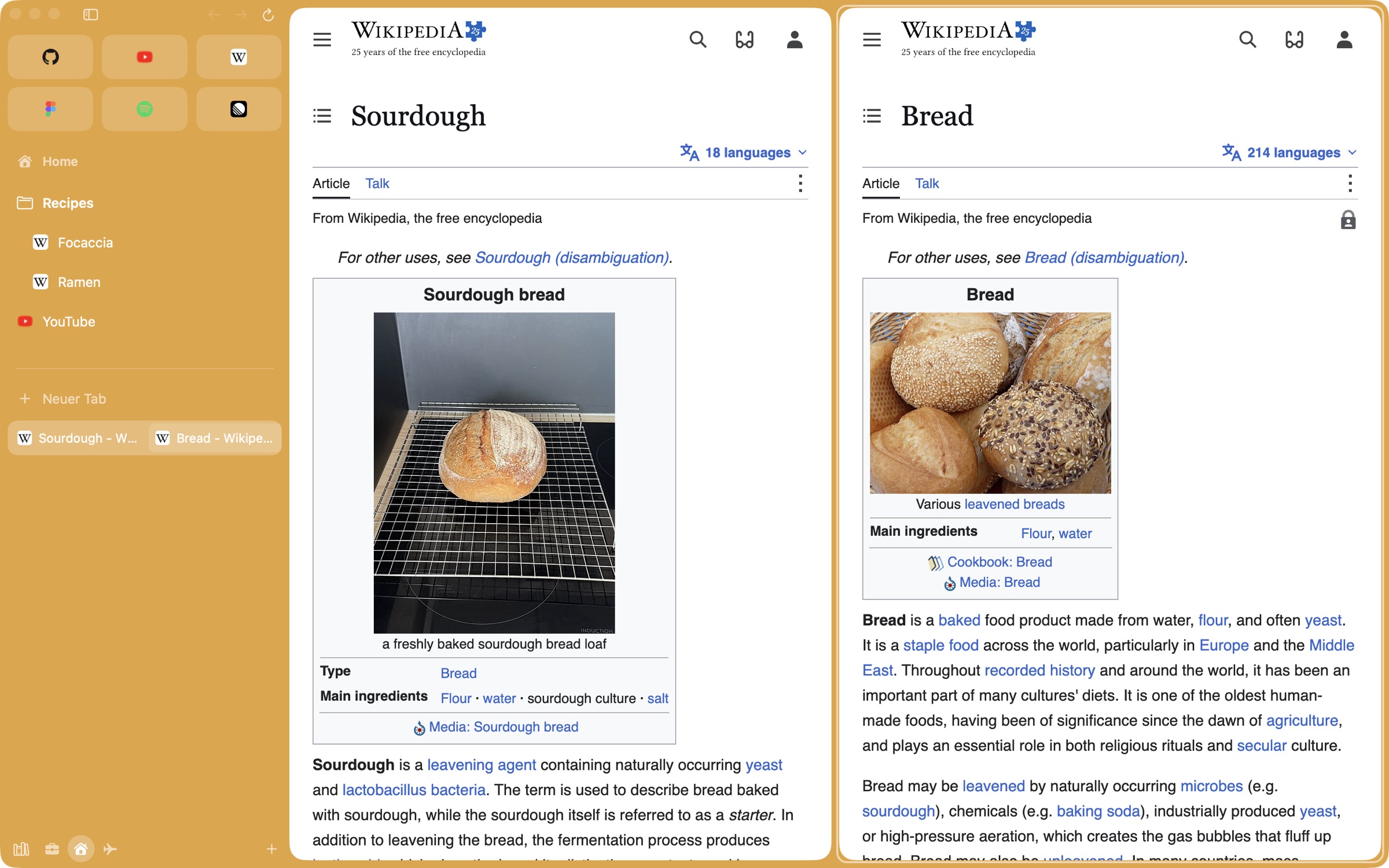 Split View in the orange Home space: two Wikipedia articles, Sourdough and Bread, side by side